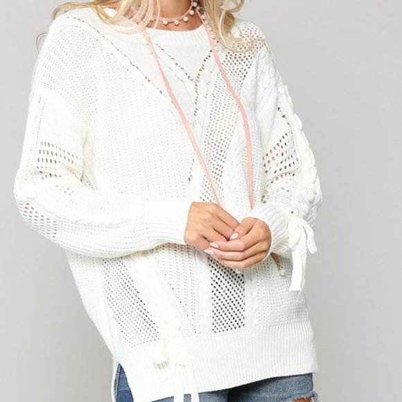 NEW KYEMI white boho sweater pointelle S M L - Picture 4 of 5